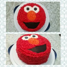 two cakes decorated with red frosting and an elmo face