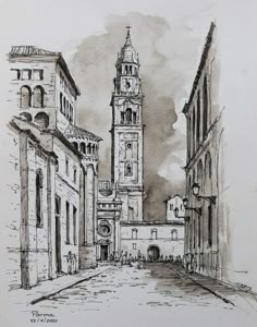 a black and white drawing of a clock tower in the middle of an alleyway