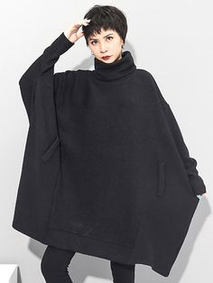 Super Loose Black High-Neck Knitting Batwing Sleeves Sweater Dress BLACK-FREE SIZE Batwing Sleeve Sweater, Winter Typ, Seasons Winter, Sleeves Sweater, Black Knit Sweater, Sweater Dresses, Knit Sweater Dress, Looks Style, Batwing Sleeve