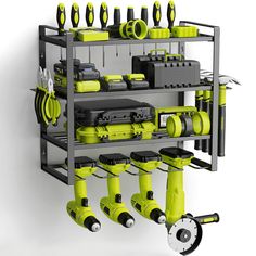 a rack with many different types of tools and equipment on it's sides, all in yellow and black