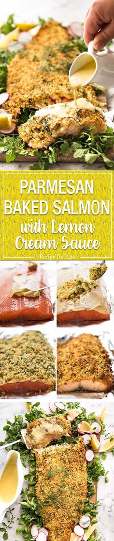 this is an image of baked salmon with parmesan sauce and herbs on top