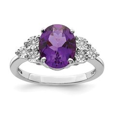 Oval Amethyst & .03 Ctw Diamond Ring in Sterling Silver Oval Amethyst Ring, Amethyst Birthstone, Amethyst And Diamond Ring, Purple Diamond, Bow Jewelry, Sterling Silver Rings Bands, Silver Band Ring, Blue Topaz Ring, Black Bow