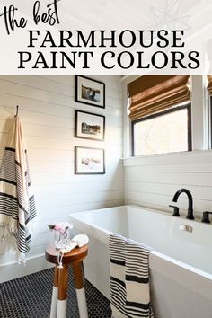 the best farmhouse paint colors for bathroom walls, floors and ceilings in this postcard style photo