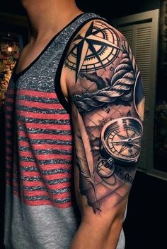 a man's arm with a clock and compass tattoo on it