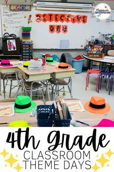 the classroom is filled with colorful hats and desks for fourth grade students to use