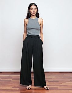 Casual Interview Outfit Summer, Black Wide Trousers Outfit, Wide Trousers Outfit, Trousers Outfit Casual, Interview Outfit Casual, Black Pants Outfit, Pixie Market, Trouser Outfit, Black Wide Leg Pants