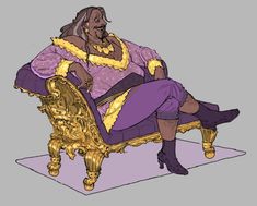 a drawing of a woman sitting in a chair with purple and gold trimmings