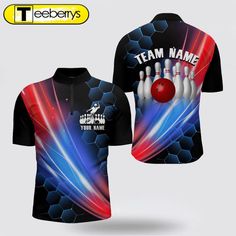 a t - shirt with bowling balls on it and the name team name in red, white