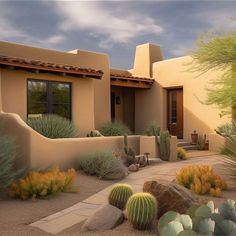 an adobe style home with cactus and cacti in the front yard, along with landscaping