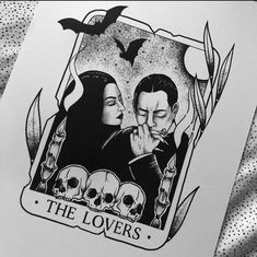 a drawing of two people with skulls in front of them and the words, the lovers