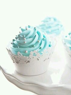 two cupcakes with blue frosting and sprinkles are on a white plate