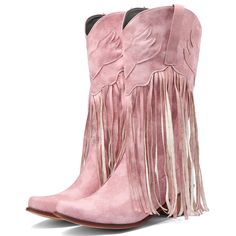 PRICES MAY VARY. APPROX MEASUREMENTS: The fringe cowgirl boots heel height: 5cm,1.96"; Shaft Length : 30cm,11.81"; Top Opening Circumference: 38cm,14.96" COLOR:Black,pink, royal blue, burgundy and green,closed square toe, mid stacked heel with a soft insole and additional design to ensure maximum comfortable. CLOSURE TYPE:Tassel pull on cowgirl mid calf boots,artificial pu inside design,breathable, soft and comfy, suitable for all seasons. SUITABLE FOR ALL OF THE OCCASION – mid calf tassel cowbo Fringed Boots, Fringe Cowboy Boots, Thick Heel Boots, Suede Fringe Boots, Boho Festival Fashion, Chunky High Heels, Fringe Boots, Spring Fashion Outfits, Pointed Heels