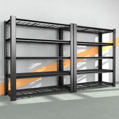 two metal shelvings with yellow bars on the bottom, and one empty shelf below