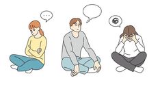 three people sitting on the floor with thought bubbles above them, one is thinking about something