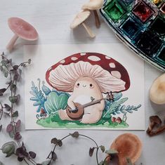 a drawing of a mushroom with a guitar in its mouth and some mushrooms around it