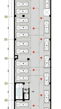 the floor plan for a parking garage with several cars parked in it and three separate lanes