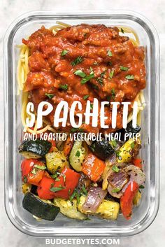 spaghetti and roasted veggie meal in a plastic container with the words spaghetti on it