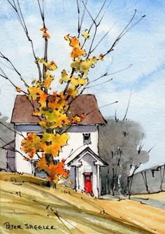 a watercolor painting of a house with autumn leaves