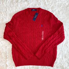 Brand New!!!! Classic Red Long Sleeve Sweater, Red Cotton Cable Knit Sweater, Red Cable Knit Cotton Sweater, Casual Turtleneck, Grey Quarter Zip, Sweater Vest Mens, Polo Ralph Lauren Sweater, Pullover Sweater Men, Lambswool Sweater