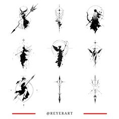 the silhouettes of different types of bow and arrow symbols are shown in black on white