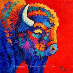 a painting of a colorful bison on a red background