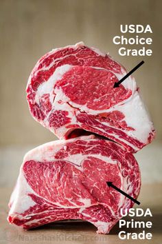 two raw meats stacked on top of each other with the words choice grade, usa prime grade and choice grade