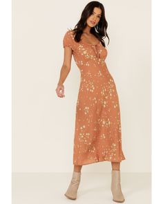 Nikki Erin Women's Blush Floral Dobby Peasant Midi Dress, Blush Casual Ditsy Floral Print Dress With Sweetheart Neckline, Casual Ditsy Floral Dress With Sweetheart Neckline, Casual Sweetheart Neckline Ditsy Floral Dress, Casual V-neck Peasant Dress For Spring, Casual Summer Peasant Dress With Gathered Sleeves, Spring Brown Dress With Gathered Sleeves, Brown Spring Dress With Gathered Sleeves, Fitted Floral Print Peasant Dress, Fitted Peasant Dress With Square Neck For Spring