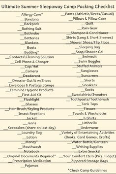 the ultimate camping checklist is shown in this graphic above it's contents and instructions