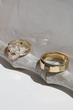 two gold rings sitting on top of a branch