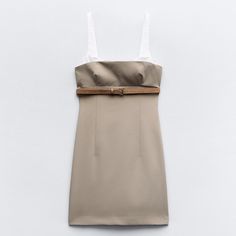 Mini Dress With Straight Neckline And Spaghetti Straps. Contrasting Fabric Detail. Belt With Metal Buckle. Back Hidden In-Seam Zip Closure. Taupe Brown Summer Workwear Dress With Spaghetti Straps, Elegant Zara Midi Dress With Straight Neckline, Zara Beige Mini Dress For Daywear, Beige Sheath Mini Dress For Summer, Skater Girl Dress, Combination Dresses, Zara Mini Dress, Zara Mini, Zara Woman Dress