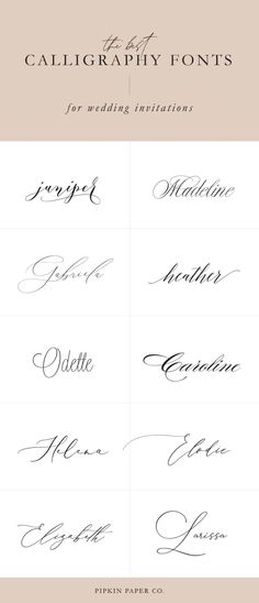 calligraphy font styles for wedding stationery, including the names and numbers on each letter