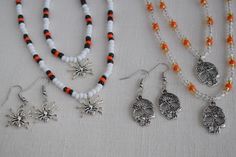 Halloween necklaces, bracelets and earrings are fun and unique and make a great addition to any Halloween costume. They are very nice and well made so you can wear them out or to the office to show that you are in the Halloween spirit. This jewelry set will also make a wonderful gift or party favor for Halloween. The beaded necklaces and bracelets are made with stretchy beading cord so you have a little flexibility in fit. I can add a chain extension if you need more length. You custom order you Fall Bead Necklaces, Handmade Jewelry For Halloween Party, Handmade Halloween Party Jewelry, Halloween Themed Jewelry For Costume Party, Themed Jewelry For Halloween Costume Party, Unique Halloween Party Jewelry, White Halloween Party Jewelry, Adjustable Themed Jewelry For Parties, Themed Beaded Jewelry For Gifts