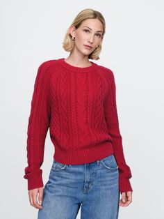 Soft cotton cable-knit sweater.  Crewneck.  Long sleeves.  Fit: Classic.  A straight & easy fit.  Hits at the hip.  Models wearing Gap Cotton Cable Knit Sweater, Fall Winter Wardrobe, Gap Sweater, Sweaters Crewneck, Cable Knit Sweater, Sled, Toddler Gifts, Red Sweaters, Winter Wardrobe