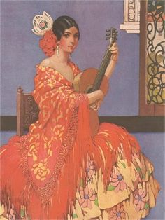 a painting of a woman in an orange dress holding a guitar