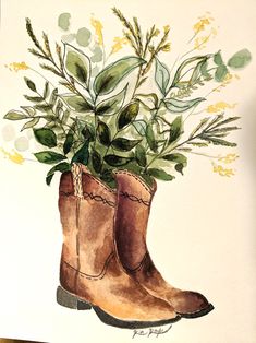 a watercolor painting of a boot with plants in it and the words, i love you