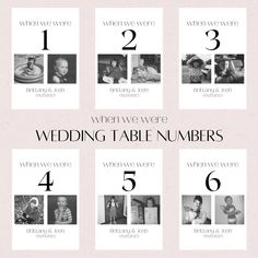 the wedding table numbers are displayed in black and white, with different pictures on them