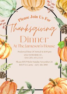 Thanksgiving Invite, Pumpkin Thanksgiving, Thanksgiving Invitation, Thanksgiving Dinner, Invitation Paper, Diner, Invitation Template