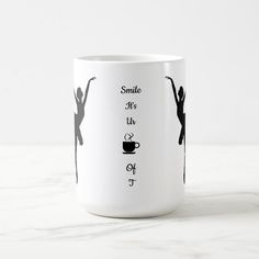 a white coffee mug with the words smile, life and cup of tea on it