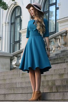 Women Dress, Green Blue Dress, Circle Dress, Knee Length Dress, Women Formal Clothing, Short Sleeve Cozy Dress, Circle Dress, Beauty Dress, Oversized Dress, Women Formals, Knee Length Dresses, Modest Dresses, Dress Outfit, Knee Length Dress