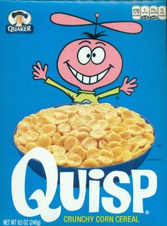 an advertisement for quisp cereal with a cartoon character on top