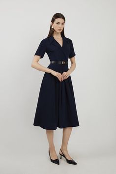 An Ode To Sophistication And Timeless Design, Soft Tailoring Immerses This Dress With Short Sleeves, A Notched Collar And Waist Belt Adding Touches Of Refinement Above And A Graceful Skirt That Flows To A Midaxi Hemline Below. Perfect For Emanating Poise At Professional Events And Special Occasions Alike.Soft Tailoringshort Sleevednotched Collar And Waist Belt Hen Do Outfits, Waist Tie Dress, Workwear Capsule Wardrobe, Plus Size Workwear, Outfits For Mexico, Spring Wedding Guest Dress, Petite Business Casual, Ibiza Outfits, Honeymoon Outfits