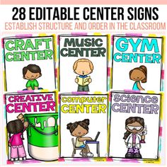 four posters with the words music center and gym center written in different colors on them