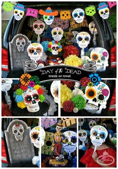 the day of the dead skulls are on display in the back of a car with decorations