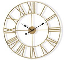 a gold clock with roman numerals on it's face is shown in this image