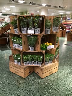 several wooden crates stacked on top of each other filled with vegetables