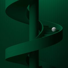 a green spiral staircase with two balls in the center and one white ball at the bottom