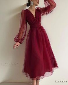 Lasaky - Autumn-inspired Vintage V-Neck Mesh Dress: Figure-Flattering, Waist-Cinching, Crimson Cocktail Dress Long Sleeved Dress Midi, February Dress, Symphony Dress, Tea Length Prom Dress, Clothing Reference, Strawberry Dress, V Neck Prom Dresses, Evening Party Gowns, Guest Attire