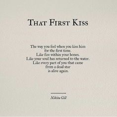 the first kiss poem is written in black ink on a white paper with an image of a man's face