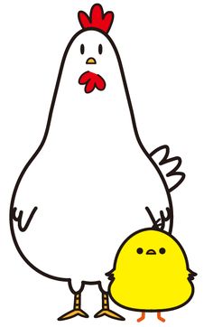 a chicken and its chickling are standing next to each other