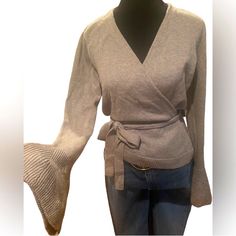 Bell Sleeve Tie Waist Cardigan Beautiful Casual Or Dressy Grey Fitted Cardigan For Brunch, Spring Wrap Sweater Fitted, Fitted Knit Wrap Cardigan, Fitted Knit Wrap Top, Fitted Knit Wrap Sweater, Fitted Long Sleeve Sweater For Brunch, Chic Fitted Wrap Sweater, Fitted Wrap Cardigan For Layering, Fitted Cardigan For Brunch In Fall